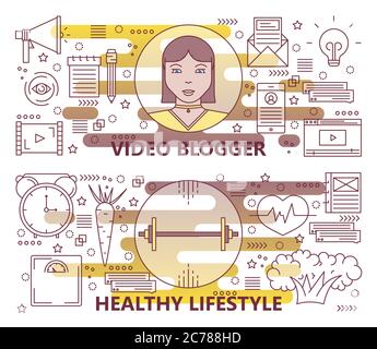 Vector set of thin line Video blogger, Healthy lifestyle banners Stock Vector