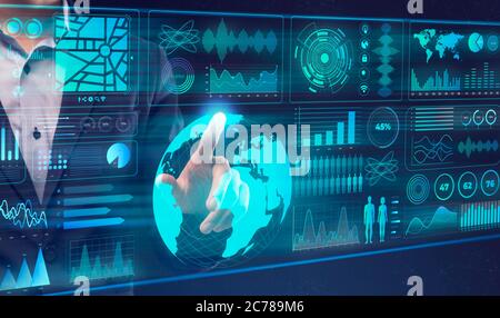 Unrecognizable businessman choosing specific chart on interactive board Stock Photo