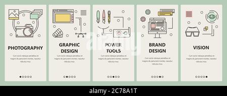 Vector set of vertical banners with Photography, Graphic design, Power tools, Brand design and Vision concept templates. Modern thin line flat symbols Stock Vector