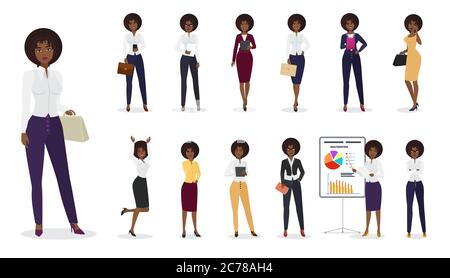 Vector Cartoon african american businesswoman female standing in different positions. Woman character Stock Vector