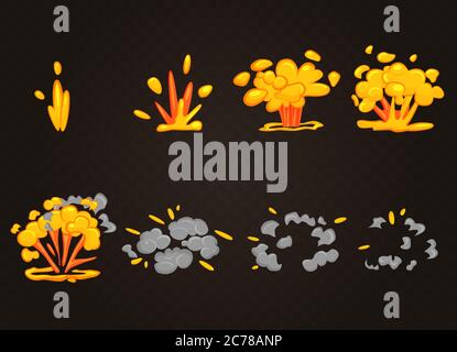 Vector cartoon boom explosion effect with smoke. Smooth flash bomb explode animation for game Stock Vector