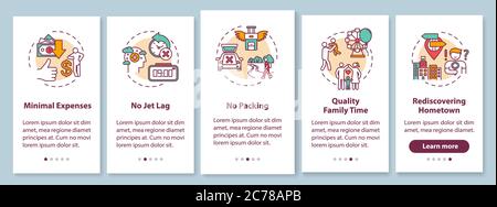 Advantages of staycation onboarding mobile app page screen with concepts. Minimal expenses and no packing. Walkthrough 5 steps graphic instructions. U Stock Vector