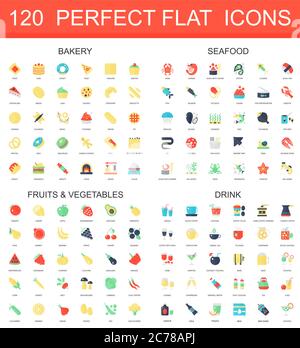120 modern flat icon set of bakery, seafood, fruits, vegetables, drink icons Stock Vector