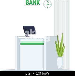 Bank reception counter semi flat RGB color vector illustration. Furniture for commerce center. Department waiting area. Desk for financial consultatio Stock Vector
