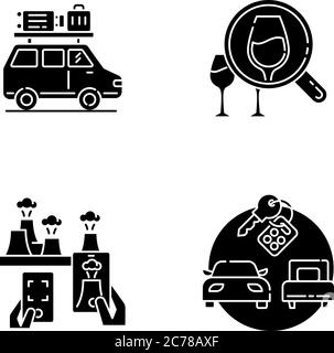 Types of tourism black glyph icons set on white space. Road trip, wine tasting journey, atomic tourism and package tours silhouette symbols. Recreatio Stock Vector