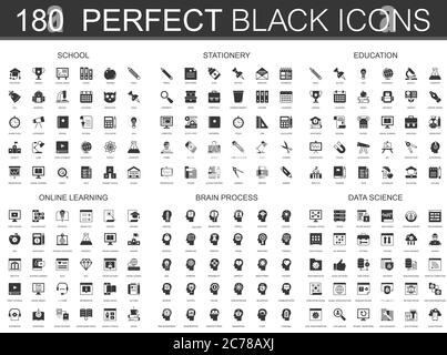 School, stationery, education, online learning, brain process, data science black mini icons concept symbols. Modern vector icon pictogram Stock Vector