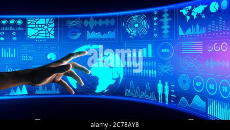 Hand touching interactive board with business process Stock Photo