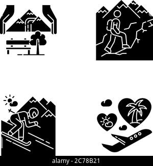 Holiday travel black glyph icons set on white space. Sustainable tourism, trekking, ski resort and honeymoon trip silhouette symbols. Seasonal vacatio Stock Vector