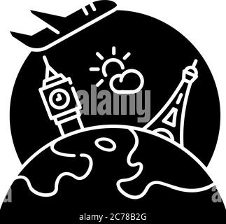 International tourism black glyph icon. Worldwide sightseeing tour, tourist agency service silhouette symbol on white space. Visiting worlds famous ar Stock Vector