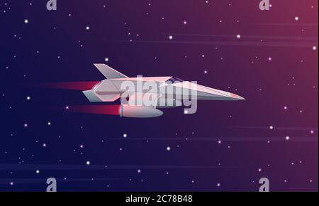 Vector illustration of small spaceship flying in outer space. Galaxy space forces Stock Vector