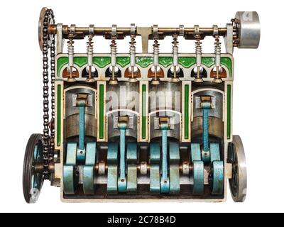 Vintage model of a classic car engine with focus on pistons used for education purposes Stock Photo