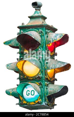 Vintage illuminated American traffic light isolated on white Stock Photo