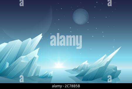 Sunrise on another alien planet landscape with ice rocks, planets, stars at sky. Galaxy space nature panorama Stock Vector