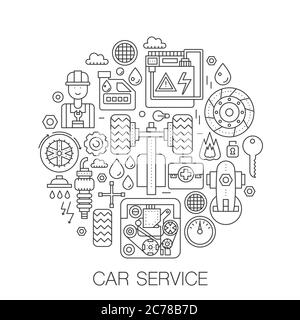 Car service in circle - concept line illustration for cover, emblem, badge. Car repairing service thin line stroke icons set Stock Vector
