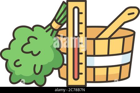 Sauna accessories RGB color icon. Bathhouse relaxation, steam therapy. Banya attributes. Termometer, broom, water bucket and spoon isolated vector ill Stock Vector