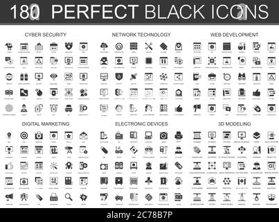 Cyber security, network technology, web development, digital marketing, electronic devices, 3d modeling icons black mini icons concept symbols. Modern vector icon pictogram Stock Vector