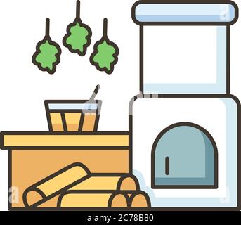 Russian banya RGB color icon. Traditional bathhouse on firewood. Sauna relaxation. National russian oven with brooms and water bucket isolated vector Stock Vector