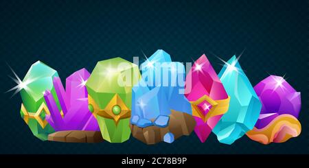 Collection of cartoon crystals and magic runa gems for games. Vector illustration Stock Vector