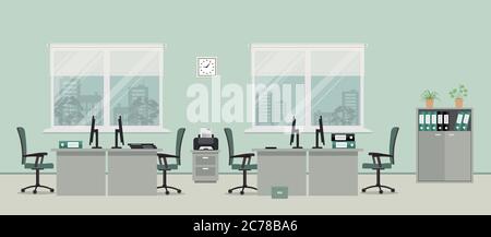 Office room in a gray color. There are tables, green chairs, case for documents, printer and other objects in the picture Stock Vector