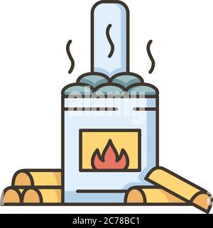 Wood burning sauna RGB color icon. Traditional russian banya, finnish bathhouse heat source. Fireplace with hot spa stones and firewood isolated vecto Stock Vector