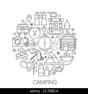 Camping in circle - concept line illustration for cover, emblem, badge. Mountains forest camping Stock Vector