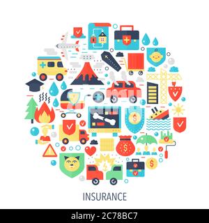 Insurance flat infographics icons in circle - color concept illustration for health, life, car insurance cover, emblem, template Stock Vector