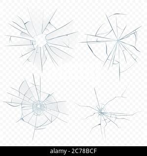 Vector Cracked crushed realistic glass set on the transperant alpha background. Bullet glass hole Stock Vector
