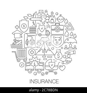 Insurance in circle - concept line illustration for cover, emblem, badge. Life, health, car and etc Insurance thin line stroke icons Stock Vector