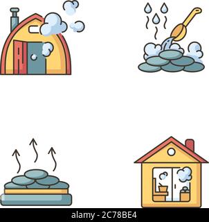 Sauna types RGB color icons set. Different bathhouses. Steam bath, dry heat, indoor and outdoor saunas. Finnish and russian baths. Isolated vector ill Stock Vector