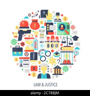 Legal, law and justice flat infographics icons in circle - color concept illustration cover, emblem, template Stock Vector