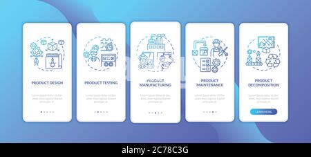 Product life onboarding mobile app page screen with concepts. Industrial manufacture factory walkthrough 5 steps graphic instructions. UI vector templ Stock Vector