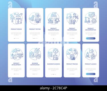 Business planning onboarding mobile app page screen with concepts. Marketing strategy. Product management walkthrough 5 steps graphic instructions. UI Stock Vector