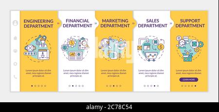 Corporate department onboarding vector template. Marketing research. Engineering and production. Responsive mobile website with icons. Webpage walkthr Stock Vector