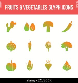 Unique fruits & vegetables vector glyph icon set Stock Vector