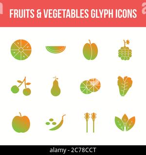 Unique fruits & vegetables vector glyph icon set Stock Vector