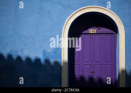 Facade of Colourful Building, Getsemani Barrio, Cartagena, Bolívar Department, Colombia, South America Stock Photo