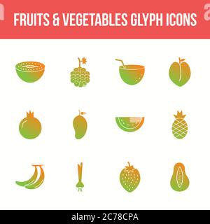 Unique fruits & vegetables vector glyph icon set Stock Vector