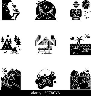 Types of tourism black glyph icons set on white space. Road trip, wine ...