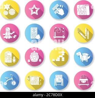 Childhood toys flat design long shadow glyph icons set. Educational toys for children early development. Dollhouse.Tricycle and baby walker. Toddlers Stock Vector