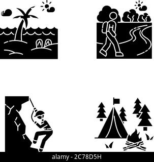 Outdoor recreation black glyph icons set on white space. Active rest and natural tourism. Summer seaside resort, hiking mountaineering and camping sil Stock Vector