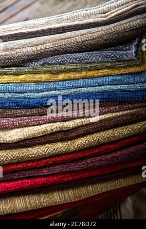 Close-up of multicolored upholstery fabric in the store Stock Photo
