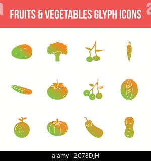 Unique fruits & vegetables vector glyph icon set Stock Vector