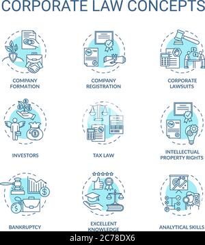 Corporate law concept icons set. Good lawyer knowledge. Company formation, registration and bankruptcy idea thin line RGB color illustrations. Vector Stock Vector