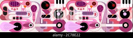 Abstract Music Mix. Horizontal flat design of different musical instruments and singing birds, vector illustration. Acoustic guitar, saxophone, piano Stock Vector