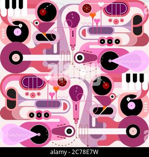 Abstract music background. Vector illustration with singing bird and various musical instruments. Acoustic guitar, saxophone, piano keys, trumpet, mic Stock Vector