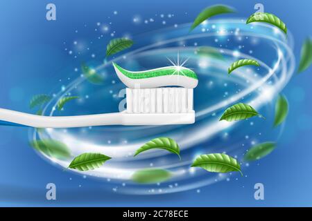 Whitening toothpaste ads, mint leaves background. Tooth model and product package design for dental care poster or advertising. 3d Vector illustration Stock Vector