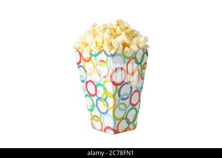 Tasty popcorn in cardboard box isolated on white background Stock Photo