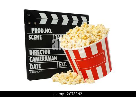 Clapperboard and bucket with popcorn isolated on white background Stock Photo