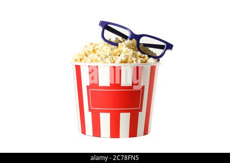Bucket with popcorn and 3d glasses isolated on white background Stock Photo