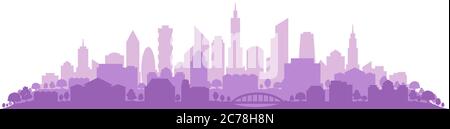 Violet silhouette of modern city with skyscrapers on white background, vector illustration Stock Vector